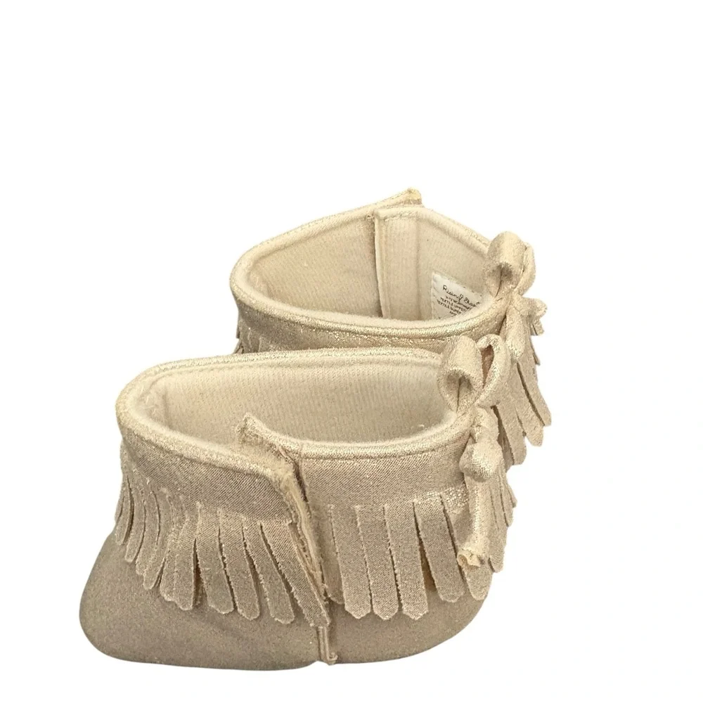 Rising Star‎ Baby Crib Shoes Gold Fringe Moccasins Size 9-12 4.5” Soft Sole